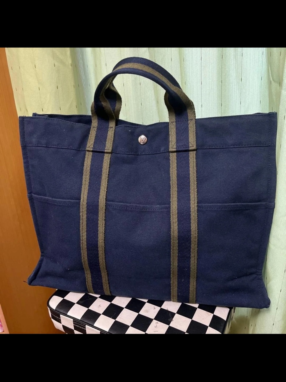 Hermes Navy Canvas Tote with Olive Stripe Handles